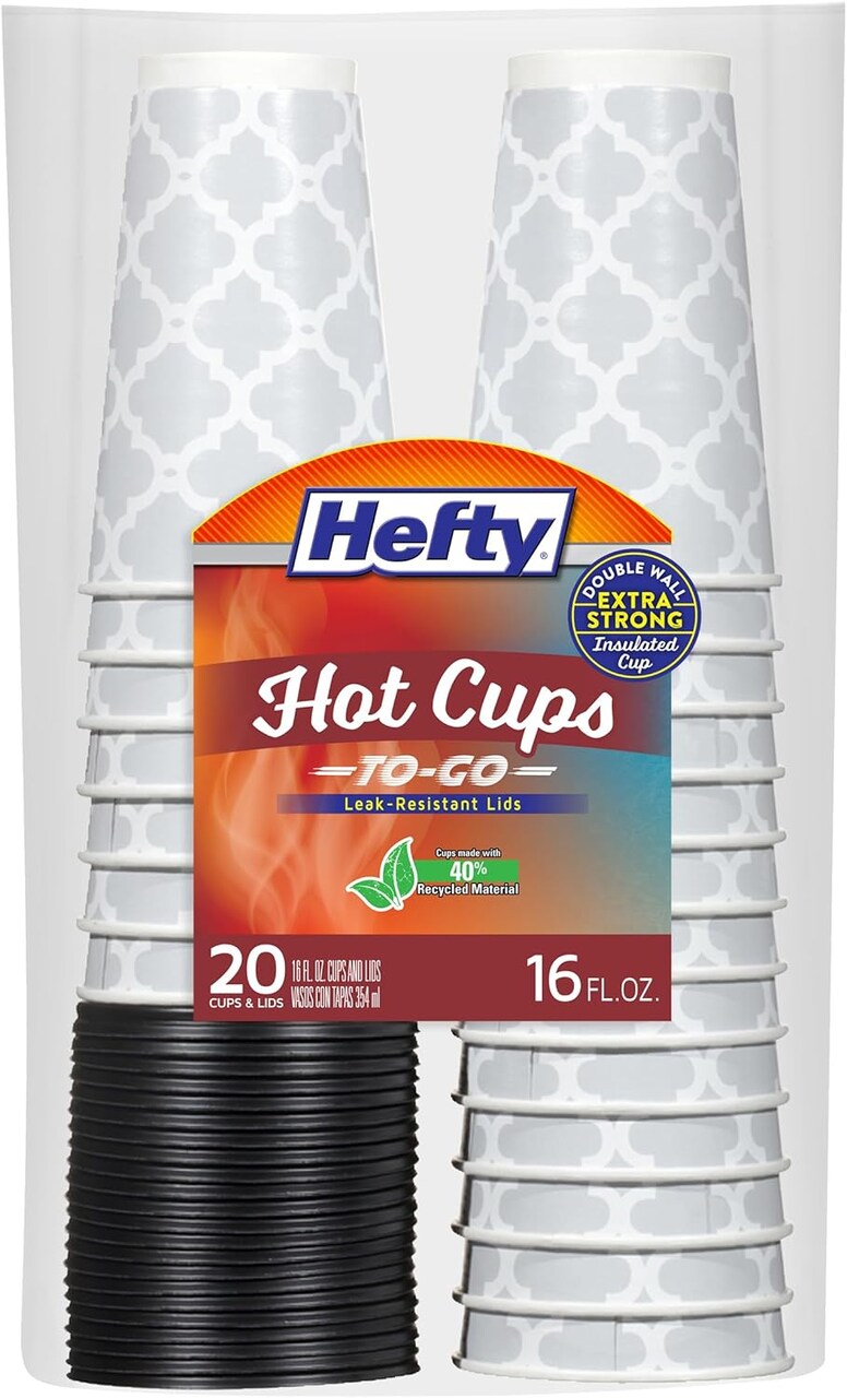 Paper Disposable Hot Cups with Lids, Leak-Resistant Disposable Coffee Cups, Double Insulated To Help Prevent Burning, Tight-Fitting Lid Helps Prevent Sloshing and Spills, 16 Ounce, 20 Count